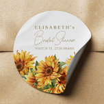 Elegant chic floral sunflower bridal shower classic round sticker<br><div class="desc">Vibrant yellow sunflower floral blooms bouquet border with greenery foliage making elegant boho chic spring summer fall garden bridal shower personalised stickers with whimsical elegant modern hand lettered calligraphy script over a white background.</div>
