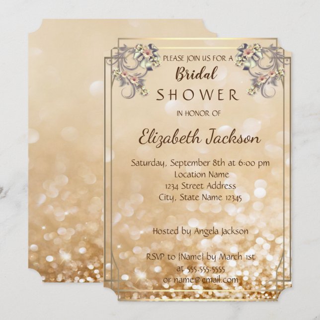 Elegant Chic Flowers Glittery Bokeh  Bridal Shower Invitation (Front/Back)