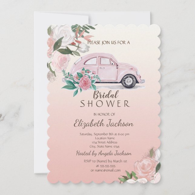 Elegant,Chic Flowers Pink Car Bridal Shower Invitation (Front)