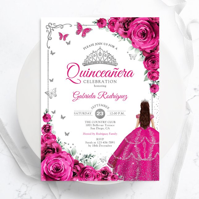 Elegant Chic Fuchsia Pink Roses Floral Quinceanera Invitation (Creator Uploaded)