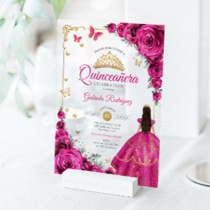 Elegant Chic Fuchsia Pink Roses Gold Quinceanera Acrylic Invitations