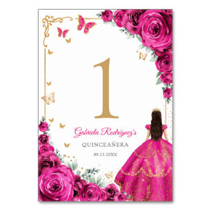 Elegant Chic Fuchsia Pink Roses Gold Quinceanera Table Number