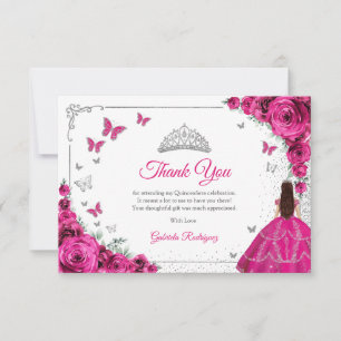 Elegant Chic Fuchsia Pink Roses Silver Quinceanera Thank You Card