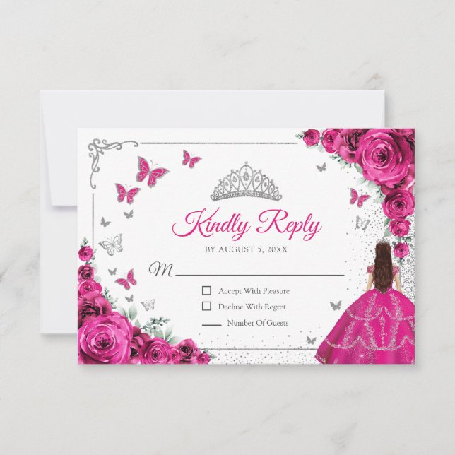 Elegant Chic Fuchsia Pink Silver Quinceanera Reply RSVP Card (Front)