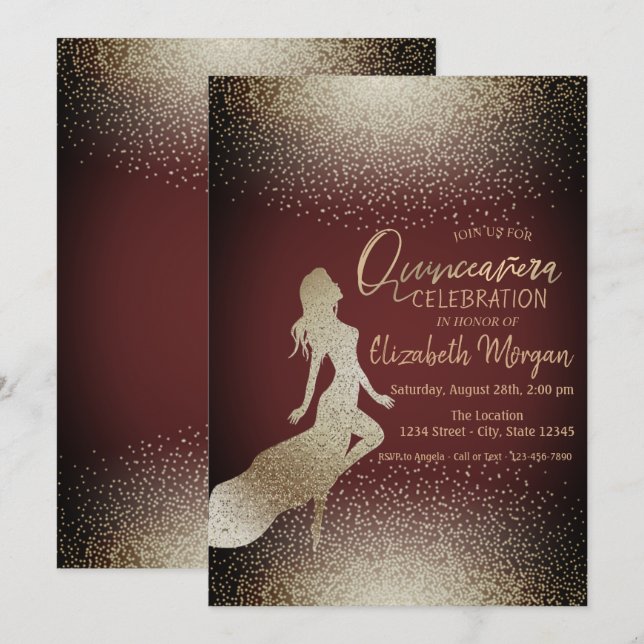 Elegant Chic Girl Silhouette,Confetti  Quinceañera Invitation (Front/Back)