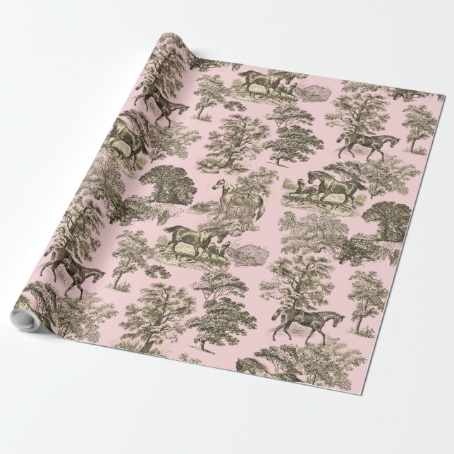 Elegant Chic Girly Beige Pink Horse Toile Wrapping Paper (Unrolled)