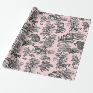 Elegant Chic Girly Black Pink Horse Toile Wrapping Paper