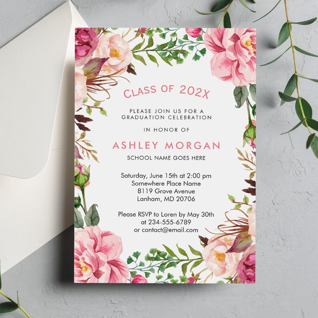 Elegant Chic Girly Floral Graduation Party Invitation (Creator Uploaded)