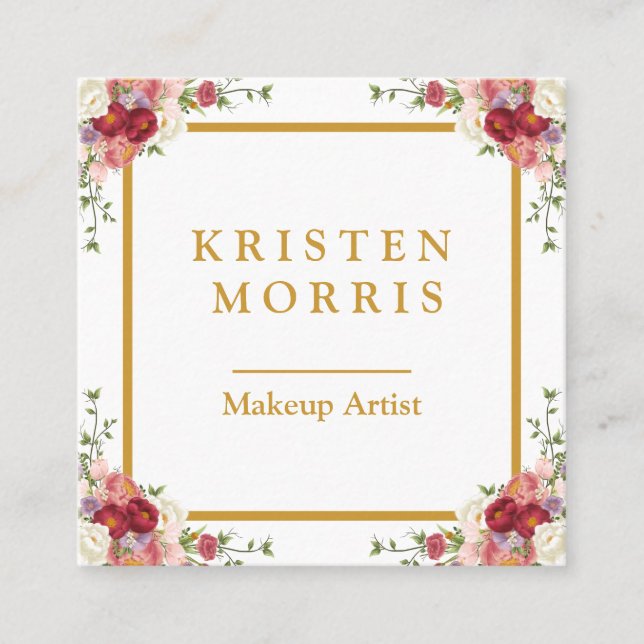 Elegant Chic Girly Pink Floral Gold Frame Personal Square Business Card (Front)