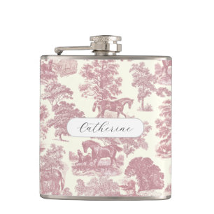 Elegant Chic Girly Pink Horses Toile Name Hip Flask