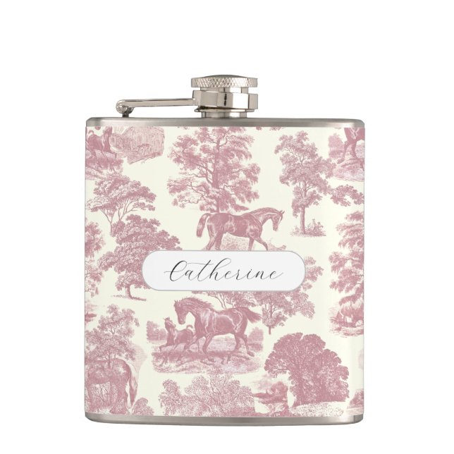 Elegant Chic Girly Pink Horses Toile Name Hip Flask (Front)