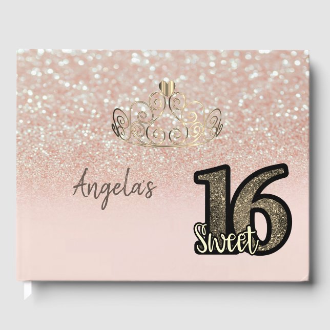Elegant Chic Glitter Bokeh,Tiara,Sweet 16 Guest Book (Front)