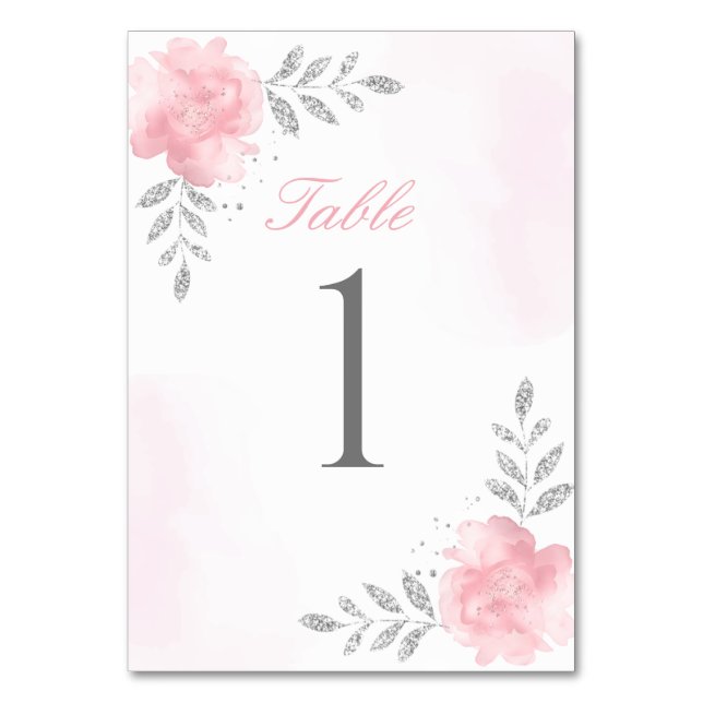 elegant chic Glitter Pink Floral Girl Baby Shower  Table Number (Front)