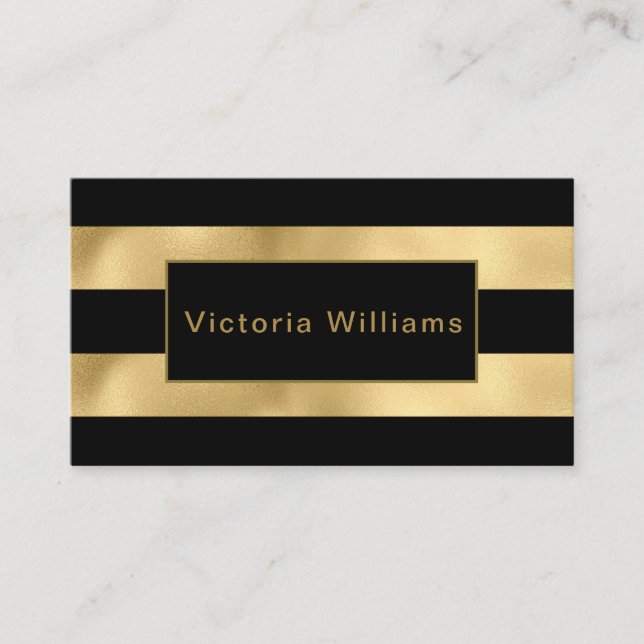 Elegant Chic Gold and Black Shimmer Foil Stripe Business Card (Front)