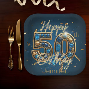 Elegant Chic Gold and Blue Gemstone 50th Birthday Paper Plate