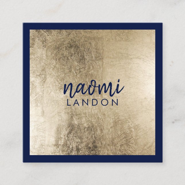 Elegant chic gold and navy blue modern minimalist square business card (Front)
