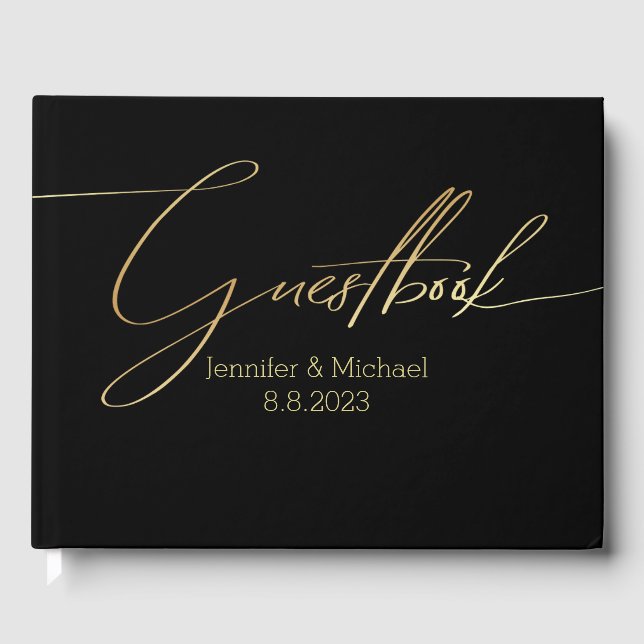 elegant chic gold black handwriting wedding  guest book (Front)