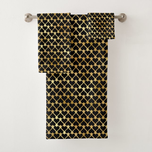 Elegant Chic Gold Black Hearts Pattern Bath Towel Set (Insitu)