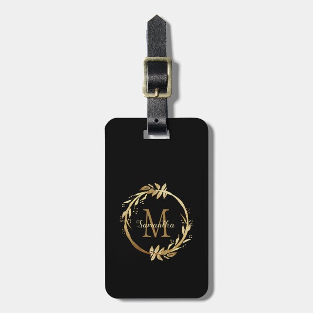 Elegant Chic Gold Black Monogram Name Luggage Tag (Front Vertical)