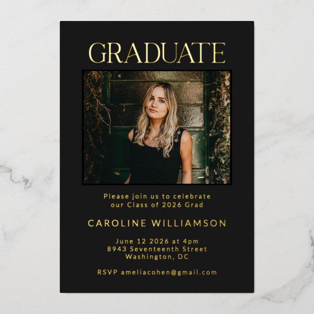 Elegant Chic Gold Black Two Photo Graduation Party (Front)