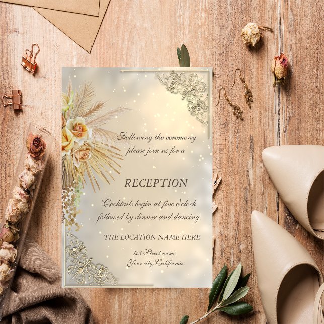 Elegant Chic Gold Boho Flowers Wedding Reception Invitation (Creator Uploaded)