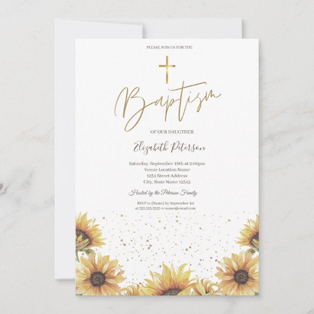 Elegant Chic Gold Cross Sunflowers Baptism  Invitation (Front)