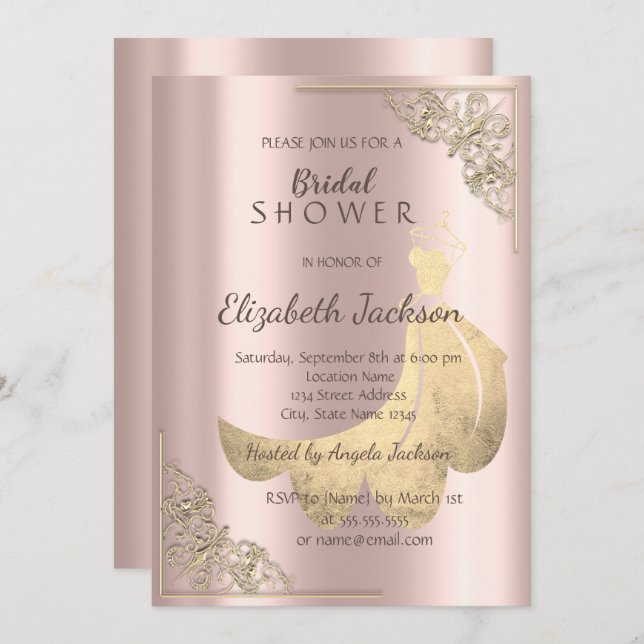 Elegant Chic Gold Dress Rose Gold Bridal Shower  Invitation (Front/Back)
