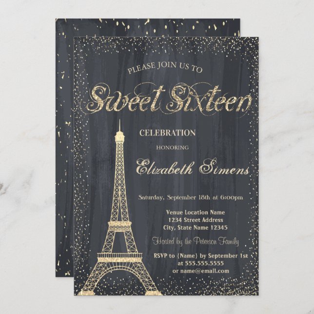 Elegant Chic Gold Eiffel Tower Confetti  Sweet 16 Invitation (Front/Back)