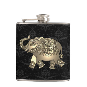 Elegant Chic Gold Elephant Floral, Black Damask Hip Flask