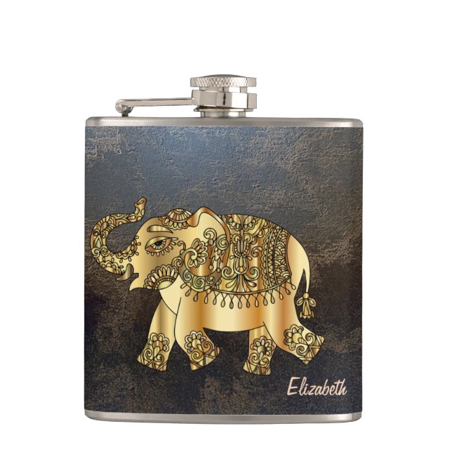 Elegant Chic Gold Elephant Floral, Leather Look Hip Flask (Front)