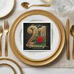 Elegant Chic Gold Filigree Red Rose 21st Birthday Napkin<br><div class="desc">Make a bold statement at your milestone celebration with these luxurious 21st Birthday paper napkins. This stunning design features an ornate, gold filigree number "21" set against a sophisticated matte black background. The typography is accented with inlaid blue faux gems and magical gold sparkles. A realistic, deep red rose with...</div>