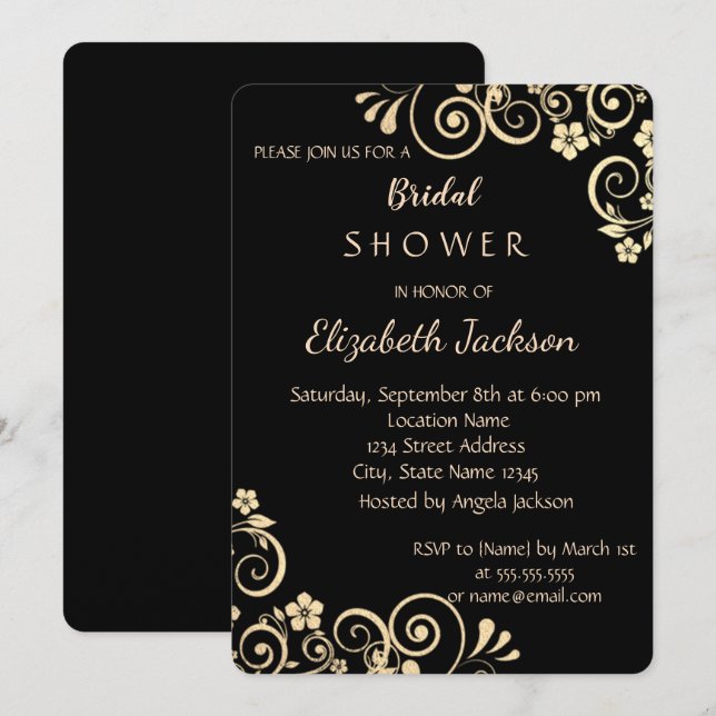 Elegant Chic Gold Flowers Bridal Shower Invitation (Front/Back)