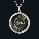 Elegant Chic Gold Flowers Silver Plated Necklace<br><div class="desc">Elegant gold flowers on black background.</div>