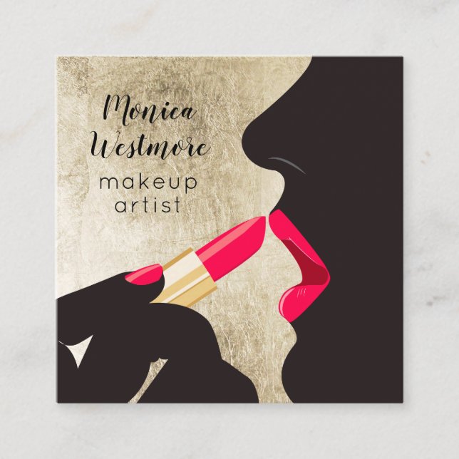 Elegant chic gold foil red lips lipstick makeup square business card (Front)