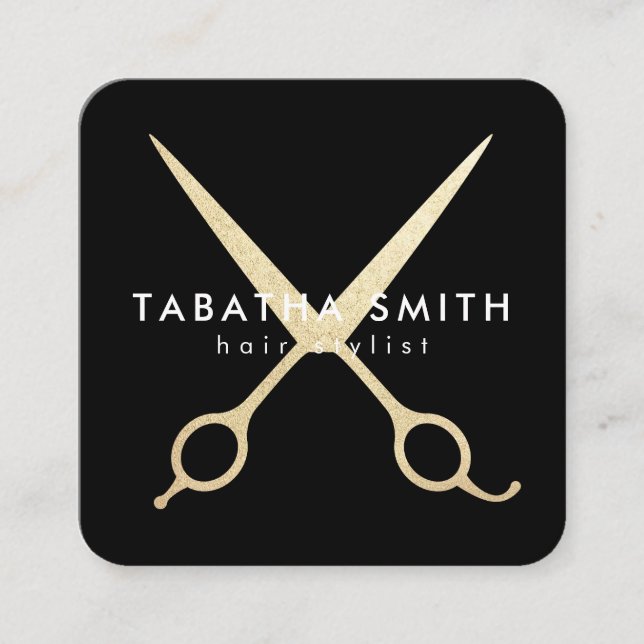 Elegant chic gold foil scissors hair stylist black square business card (Front)
