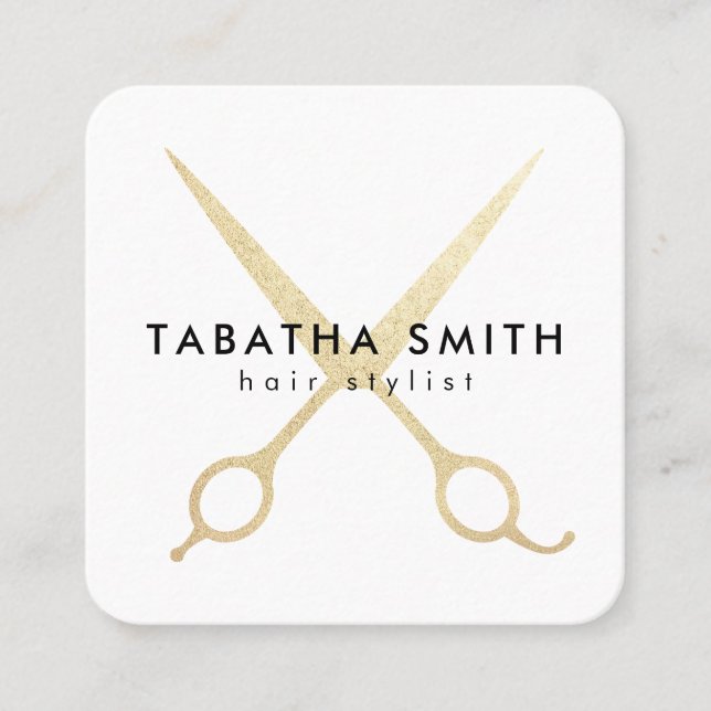 Elegant chic gold foil scissors hair stylist salon square business card (Front)