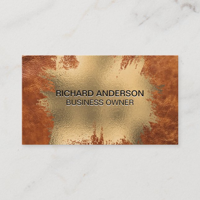 Elegant Chic Gold Foil Splatter | Brown Leather Business Card (Front)