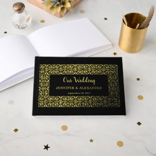 Elegant chic gold frame on black gold foil guest book
