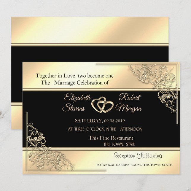 Elegant Chic Gold Frame,Stripe  Wedding Invitation (Front/Back)