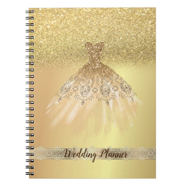 Elegant Chic Gold Glitter Bokeh, Dress, Lace Notebook (Front)