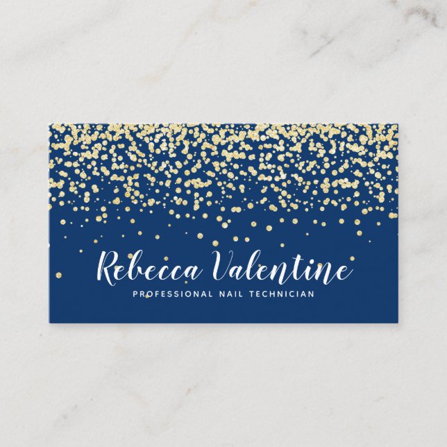 Elegant chic gold glitter confetti plain navy blue business card (Front)