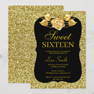 Elegant Chic Gold Glitter Gold Rose Sweet 16 Invitation