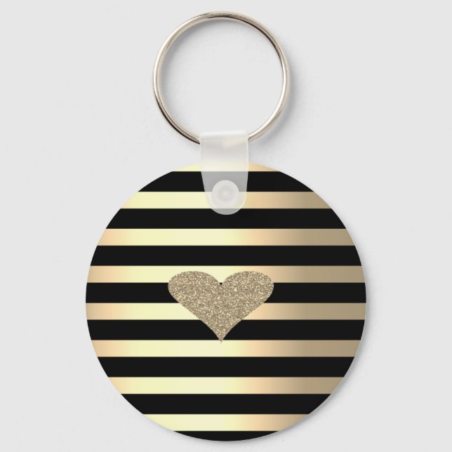 Elegant Chic Gold Glitter Heart On Gold Stripes Key Ring (Front)