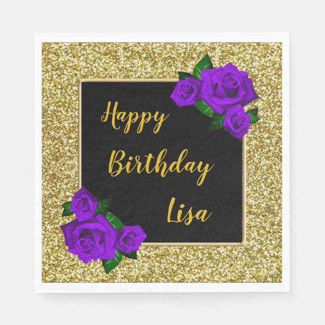 Elegant Chic Gold Glitter Purple Roses Birthday Napkin (Front)