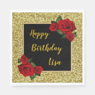 Elegant Chic Gold Glitter Red Roses Birthday Napkin