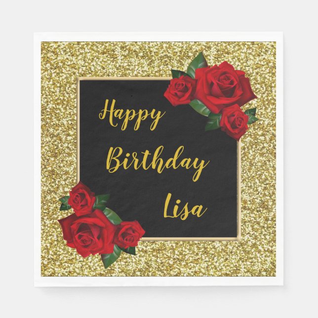 Elegant Chic Gold Glitter Red Roses Birthday Napkin (Front)