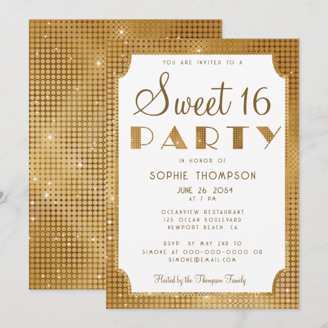 Elegant Chic Gold Glitter Sequins Sweet 16 Party Invitation (Front/Back)