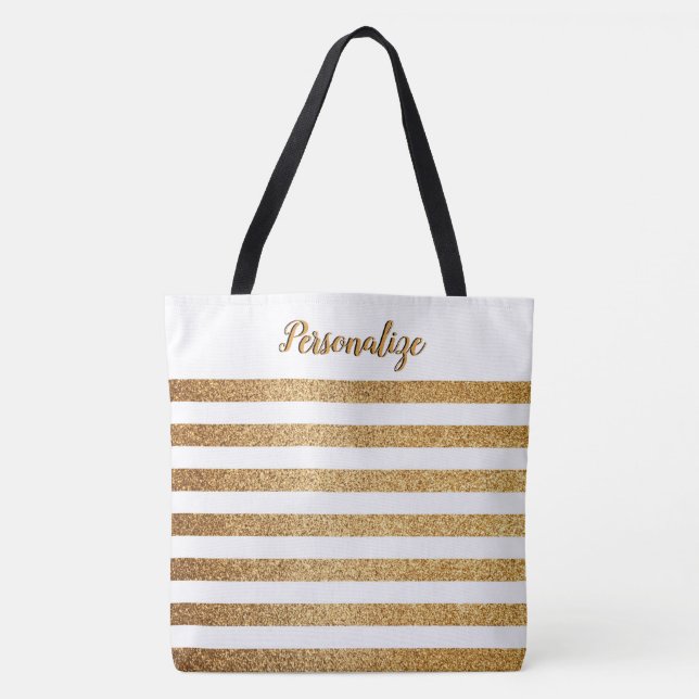 Elegant Chic Gold Glitter Stripes Personalised Tote Bag (Front)
