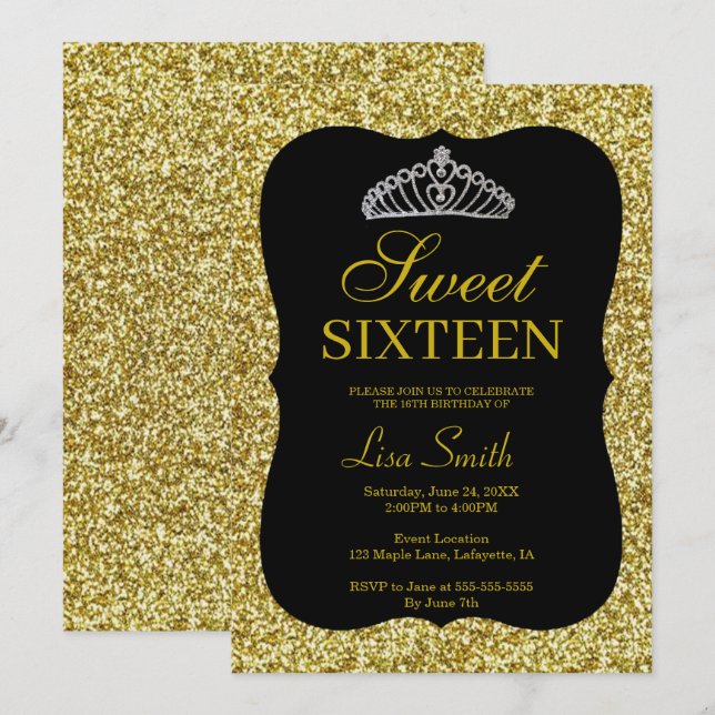 Elegant Chic Gold Glitter Tiara Sweet 16 Invitation (Front/Back)