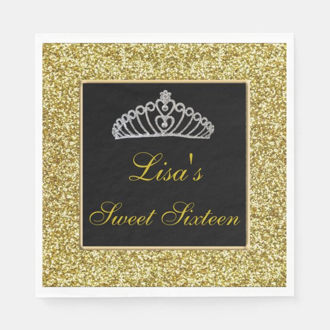 Elegant Chic Gold Glitter Tiara Sweet 16 Napkin (Front)